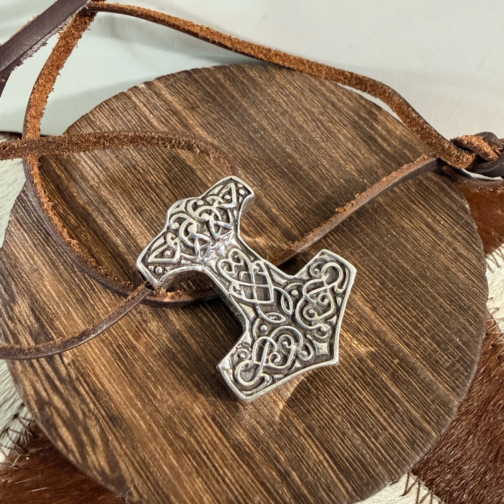 925, Norse Viking Mjölnir Hammer Pendant on Brown 22” Leather Cord